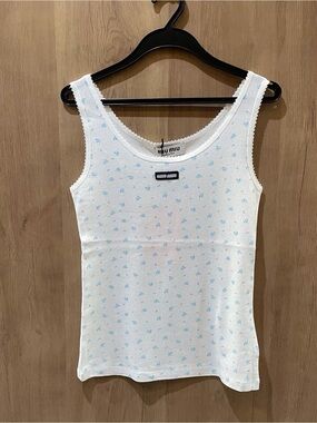 Miu Miu White Tank Top with Light Blue Micro Print